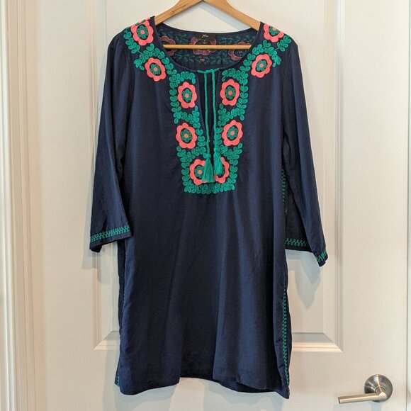 J. Crew Dress Large Blue Embroidered Beach Tunic Cover-up Tassels Linen-Blend - Picture 9 of 16